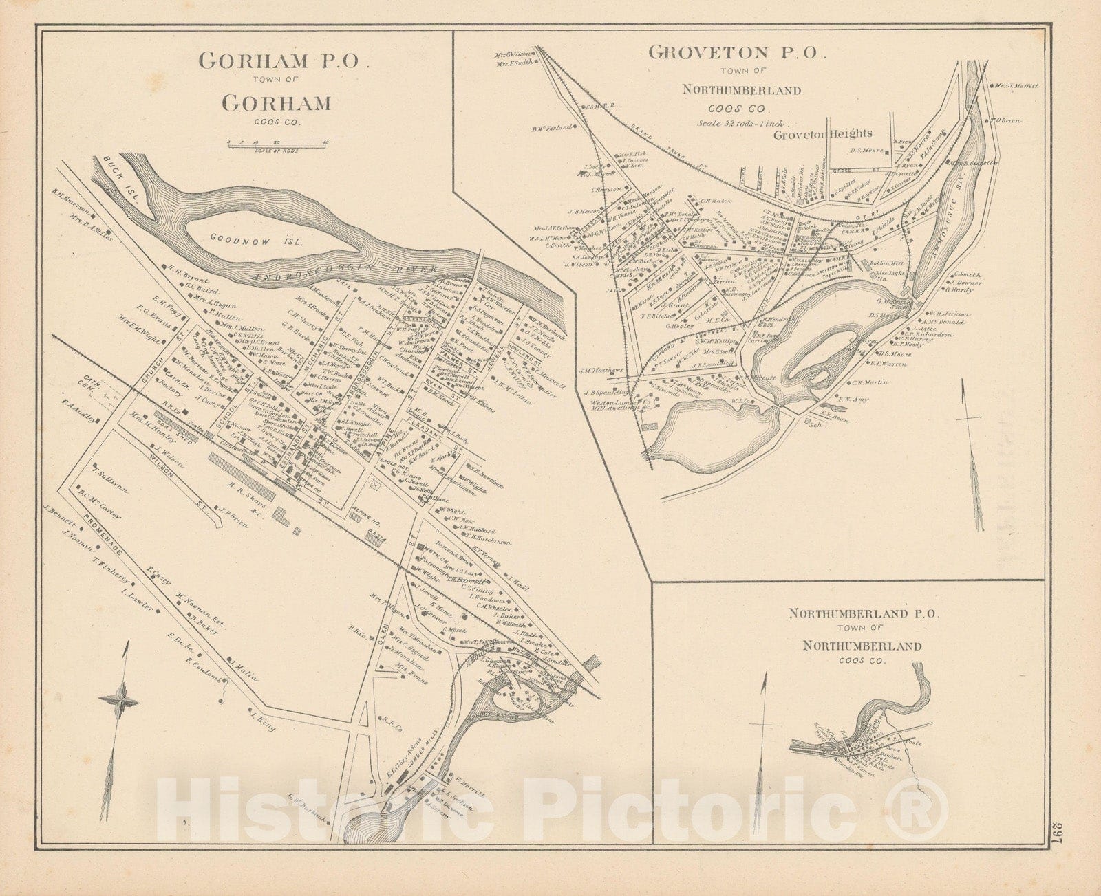 Historic Map : Gorham & Groveton & Northumberland 1892 , Town and City Atlas State of New Hampshire , Vintage Wall Art