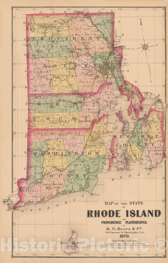 Historic Map : Atlas State of Rhode Island, Rhode Island 1870 , Vintage Wall Art