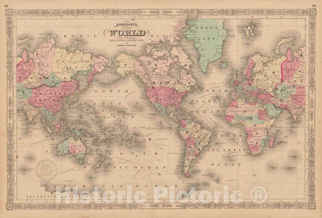 Historic Map : World Map 1865 , Vintage Wall Art