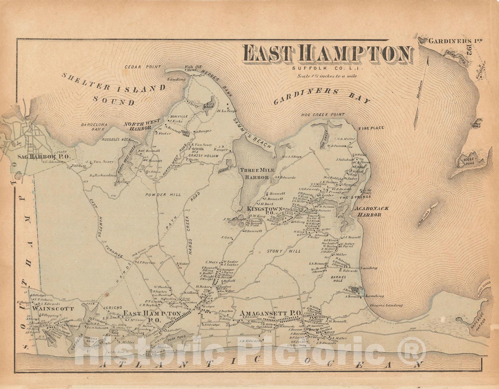 Historic Map : Atlas of Long Island, New York, East Hampton 1873 , Vintage Wall Art