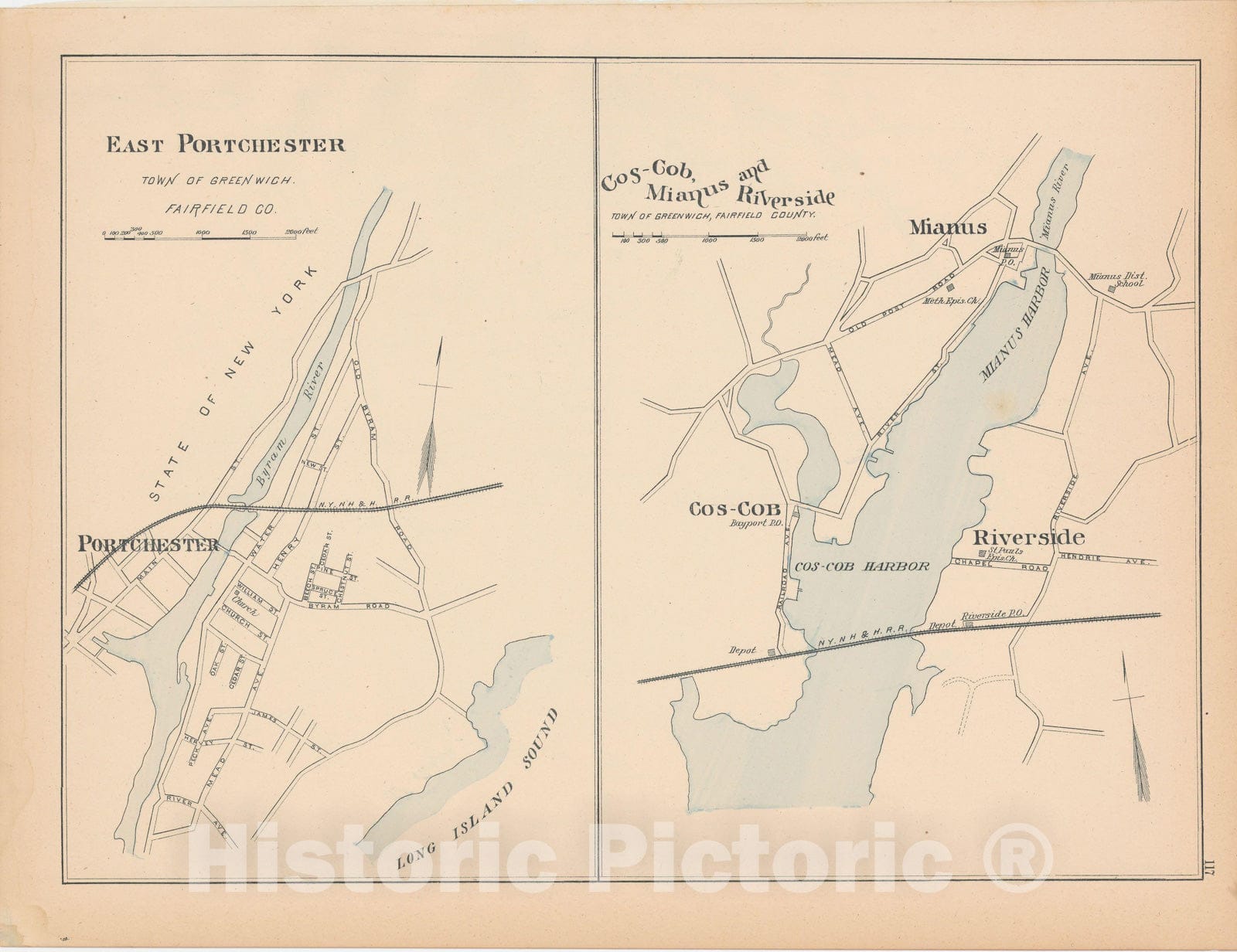 Historic Map : Greenwich 1893 , Town and City Atlas State of Connecticut , Vintage Wall Art