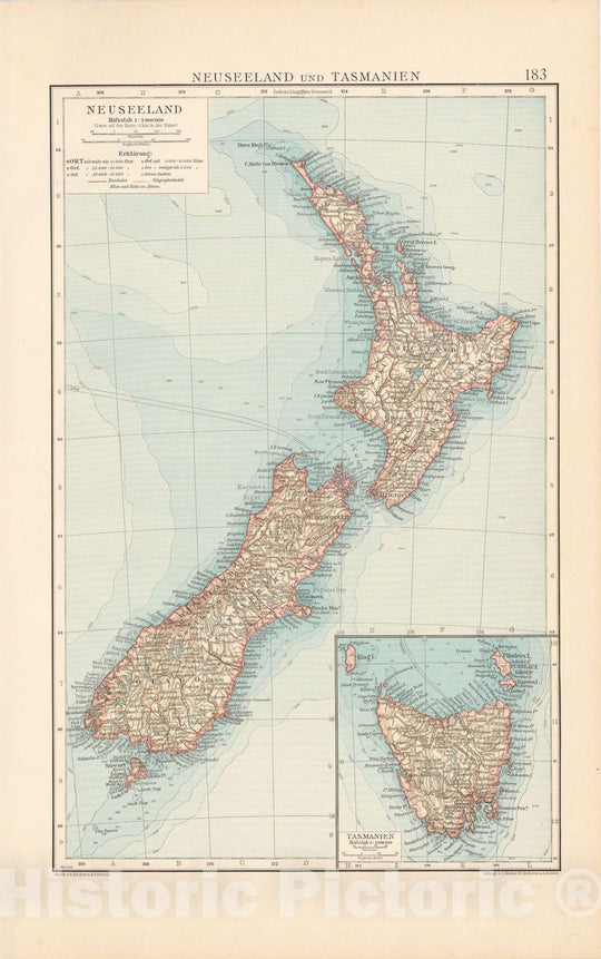 Historic Map : New Zealand 1899 , Andrees Allgemeiner Handatlas - Nirenstein, Vintage Wall Art