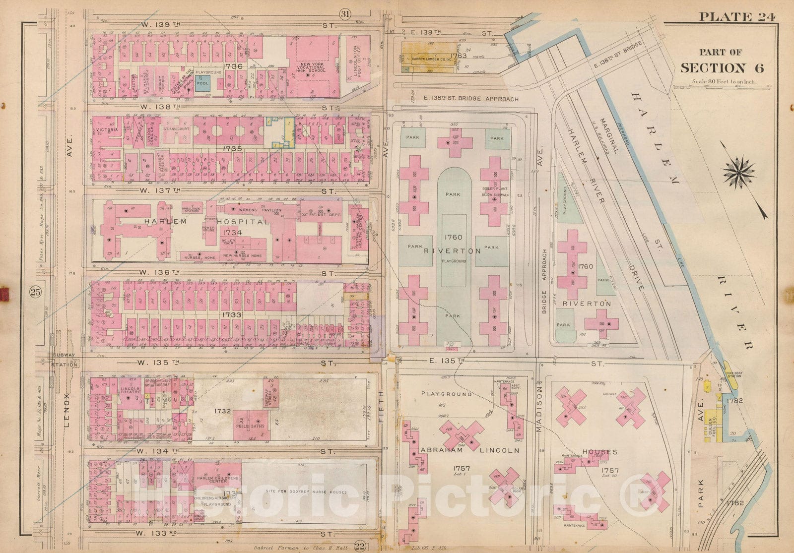 Historic Map : Atlas City of New York, Borough of Manhattan, Volume 4, 110th St to 145th St, Manhattan 1914 Plate 024 , Vintage Wall Art