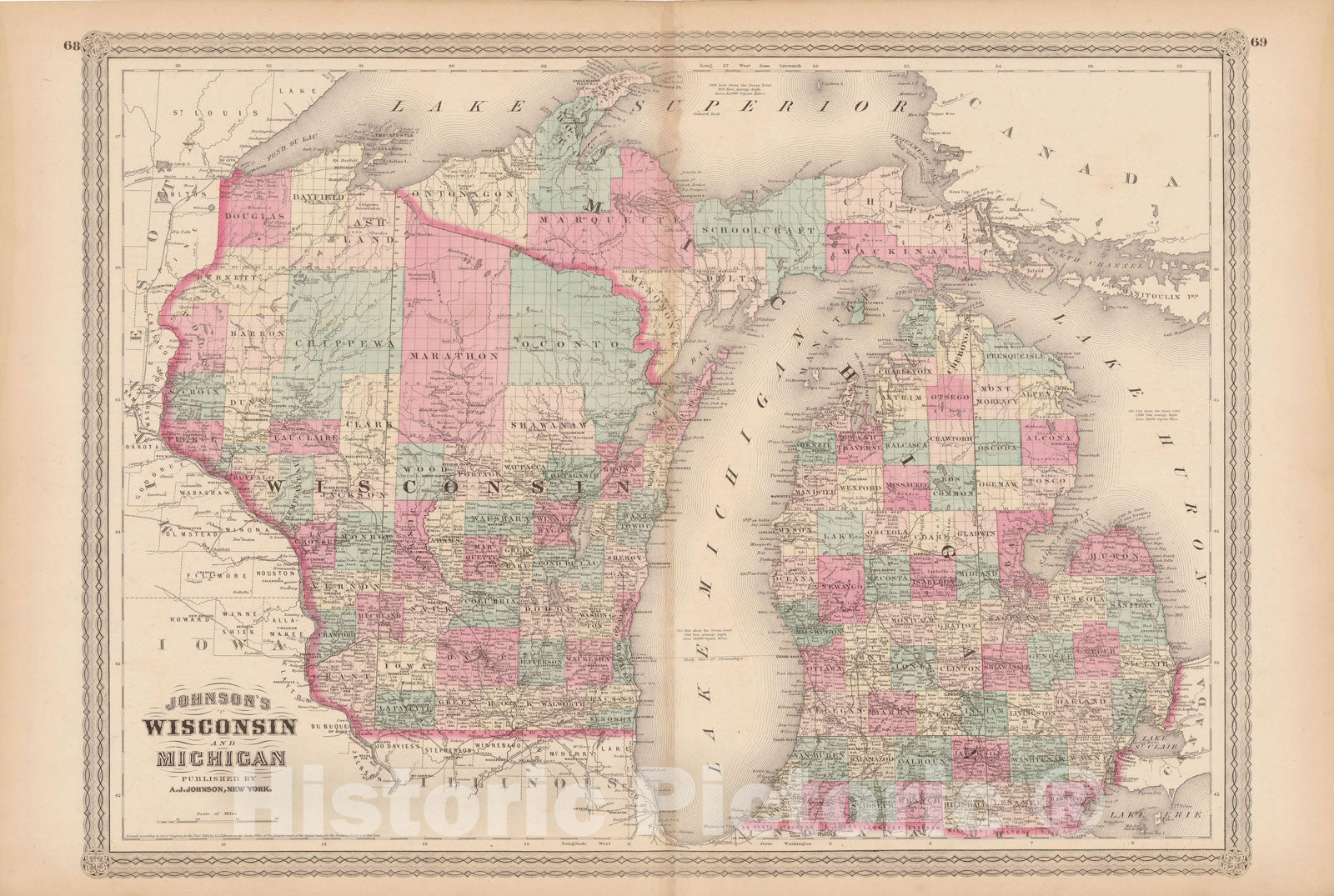 Historic Map : Michigan & Wisconsin 1873 , Family Atlas World , Vintage Wall Art