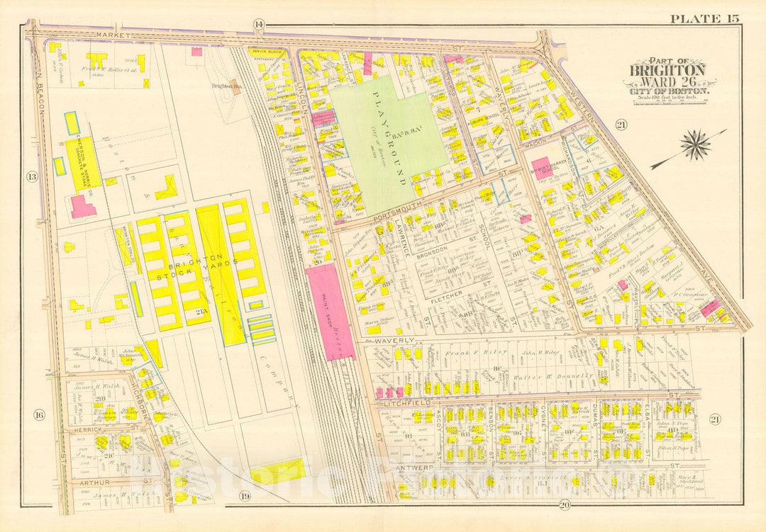 Historic Map : Atlas City of Boston, Wards 25 & 26 Brighton, Allston & Brighton 1916 Plate 015 , Vintage Wall Art