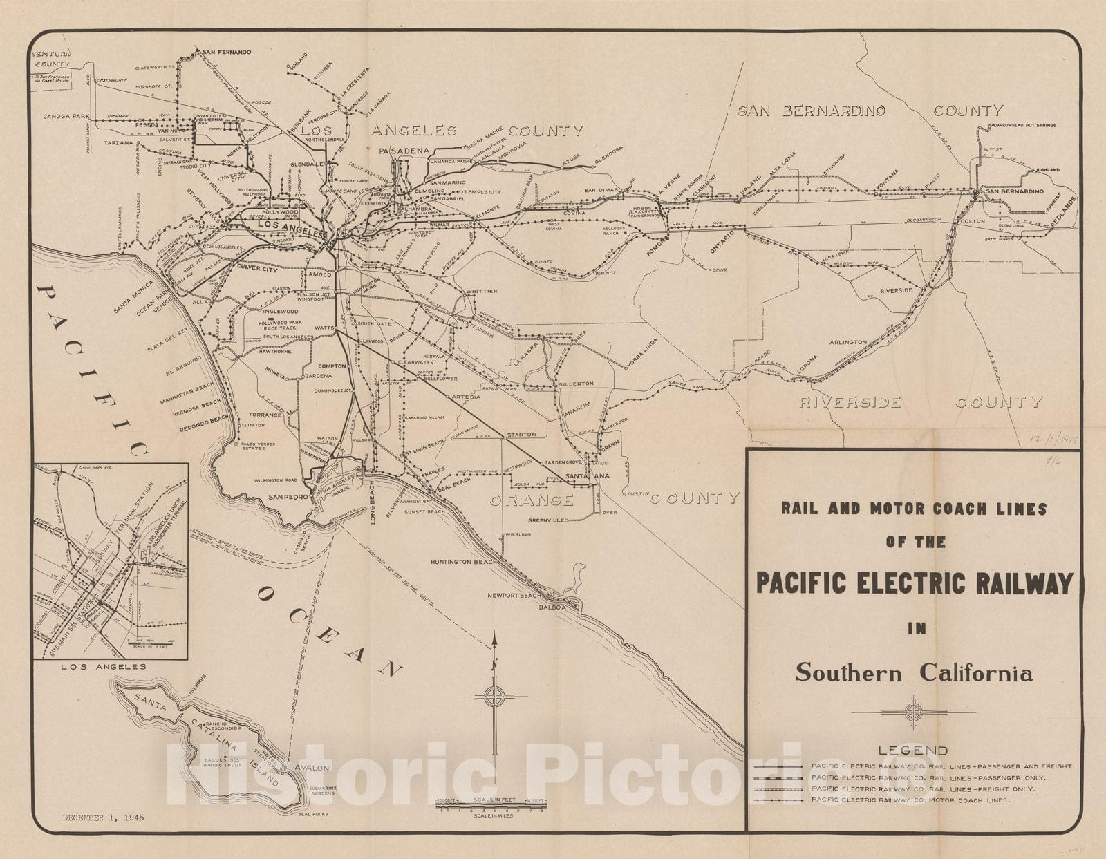 Historic Map : Pacific Electric Railway Map 1945 Transit Railroad Catography , Vintage Wall Art