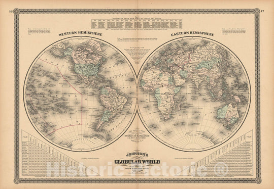 Historic Map : World Map 1867 , Johnson's Atlas World , Vintage Wall Art