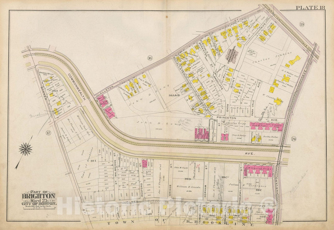 Historic Map : Atlas City of Boston Ward 25 Brighton, Brighton 1909 Plate 018 , Vintage Wall Art