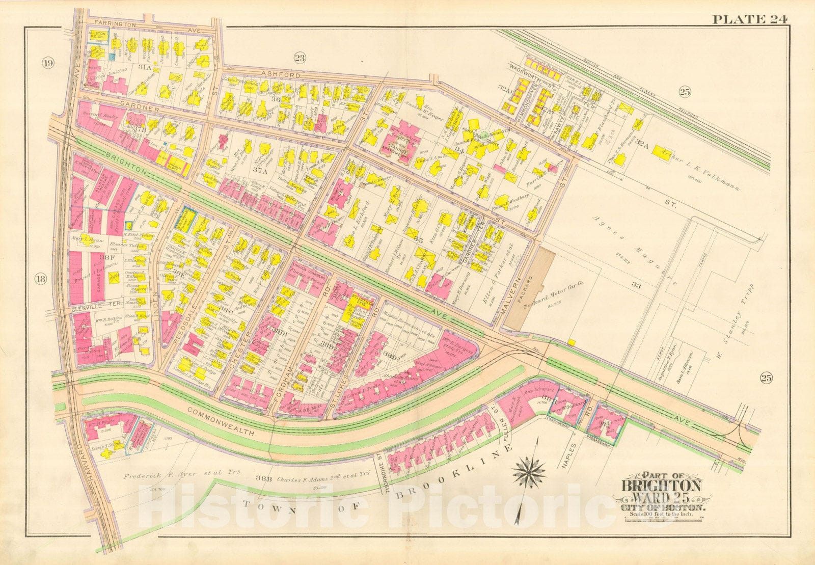 Historic Map : Atlas City of Boston, Wards 25 & 26 Brighton, Allston & Brighton 1916 Plate 024 , Vintage Wall Art