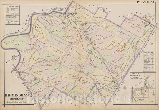 Historic Map : Atlas of Delaware County, West of Ridley Creek, Vol. Two, Birmingham 1913 Plate 054 , Vintage Wall Art