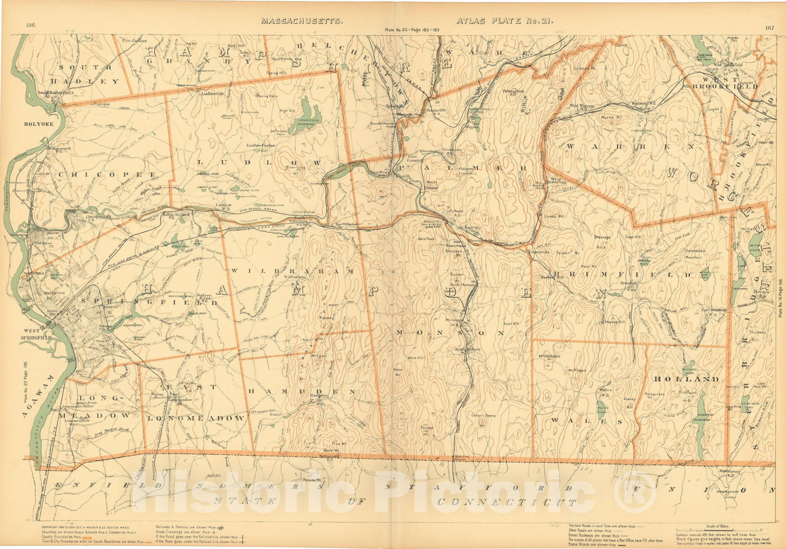 Historic Map : Atlas of Mass, Brimfield & Chicopee & Ludlow & Monson & Palmer & Springfield & Warren & Wilbraham 1904 Plate 021 , Vintage Wall Art