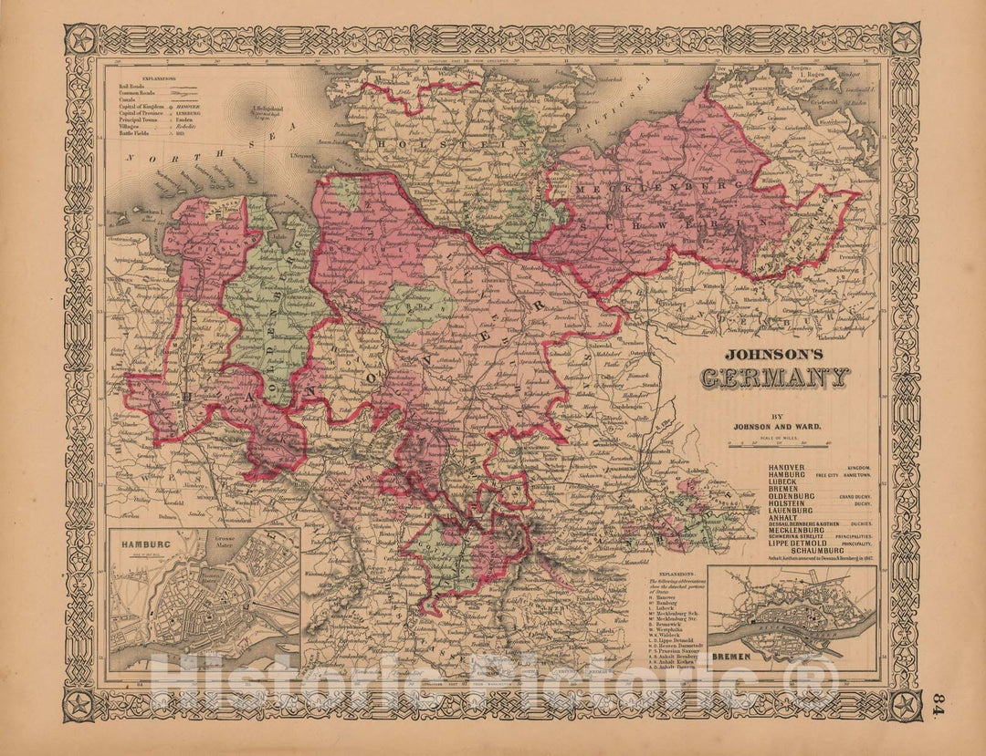 Historic Map : Germany 1864 , Johnson's Atlas World , Vintage Wall Art