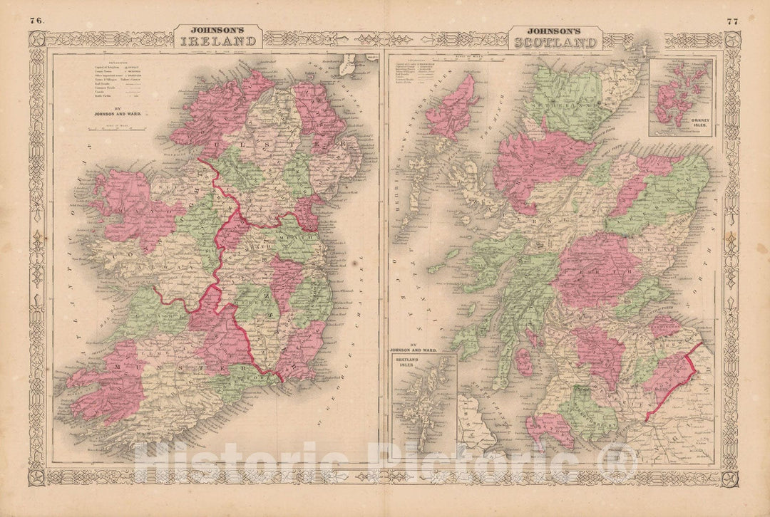 Historic Map : Ireland & Scotland 1865 , Johnson's Family Atlas , Vintage Wall Art