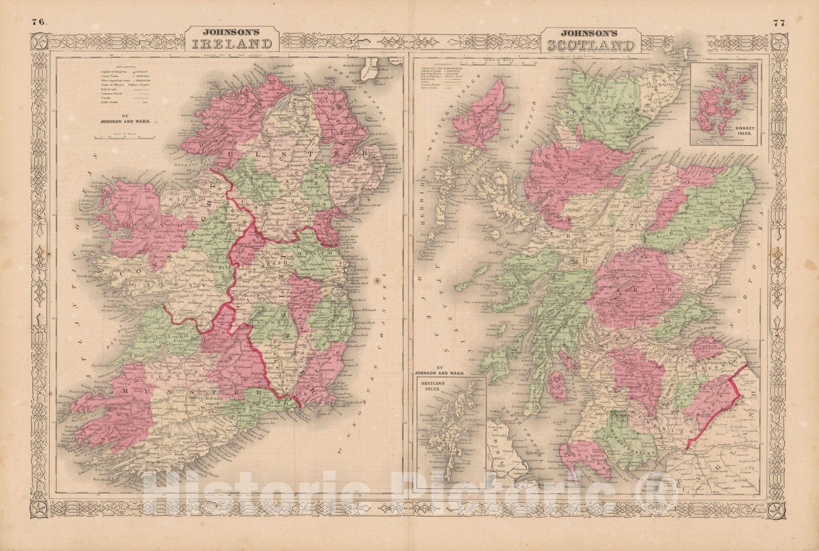 Historic Map : Ireland & Scotland 1865 , Johnson's Family Atlas , Vintage Wall Art