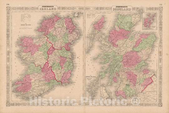 Historic Map : Ireland & Scotland 1865 , Johnson's Family Atlas , Vintage Wall Art