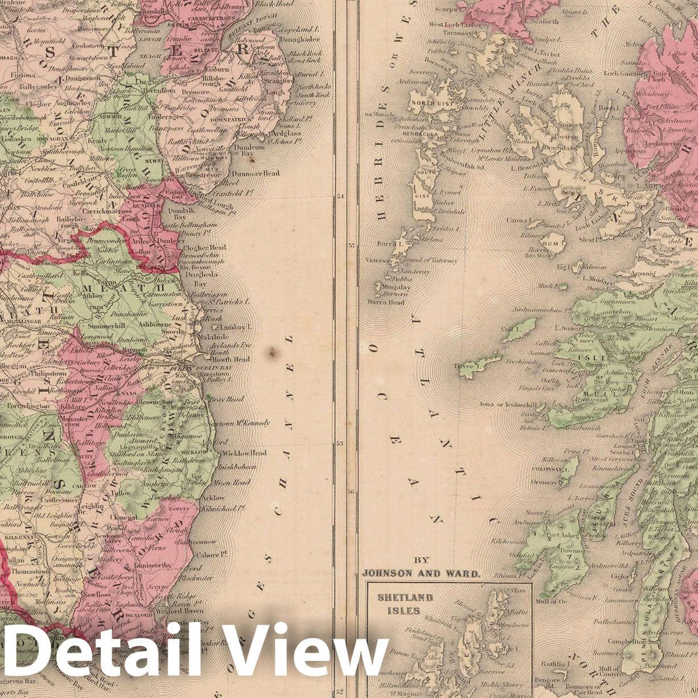 Historic Map : Ireland & Scotland 1865 , Johnson's Family Atlas , Vintage Wall Art