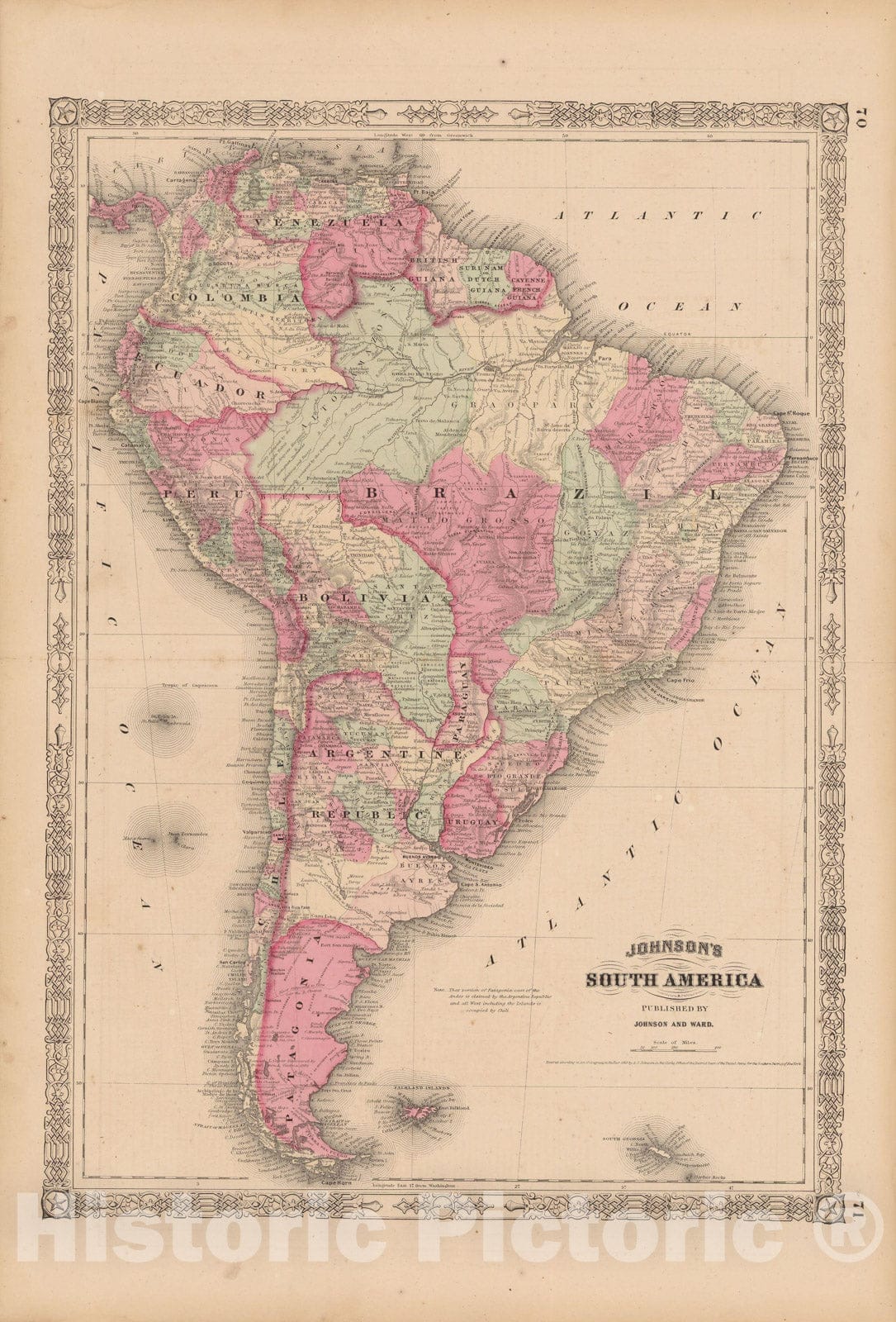 Historic Map : South America 1865 , Johnson's Family Atlas , Vintage Wall Art