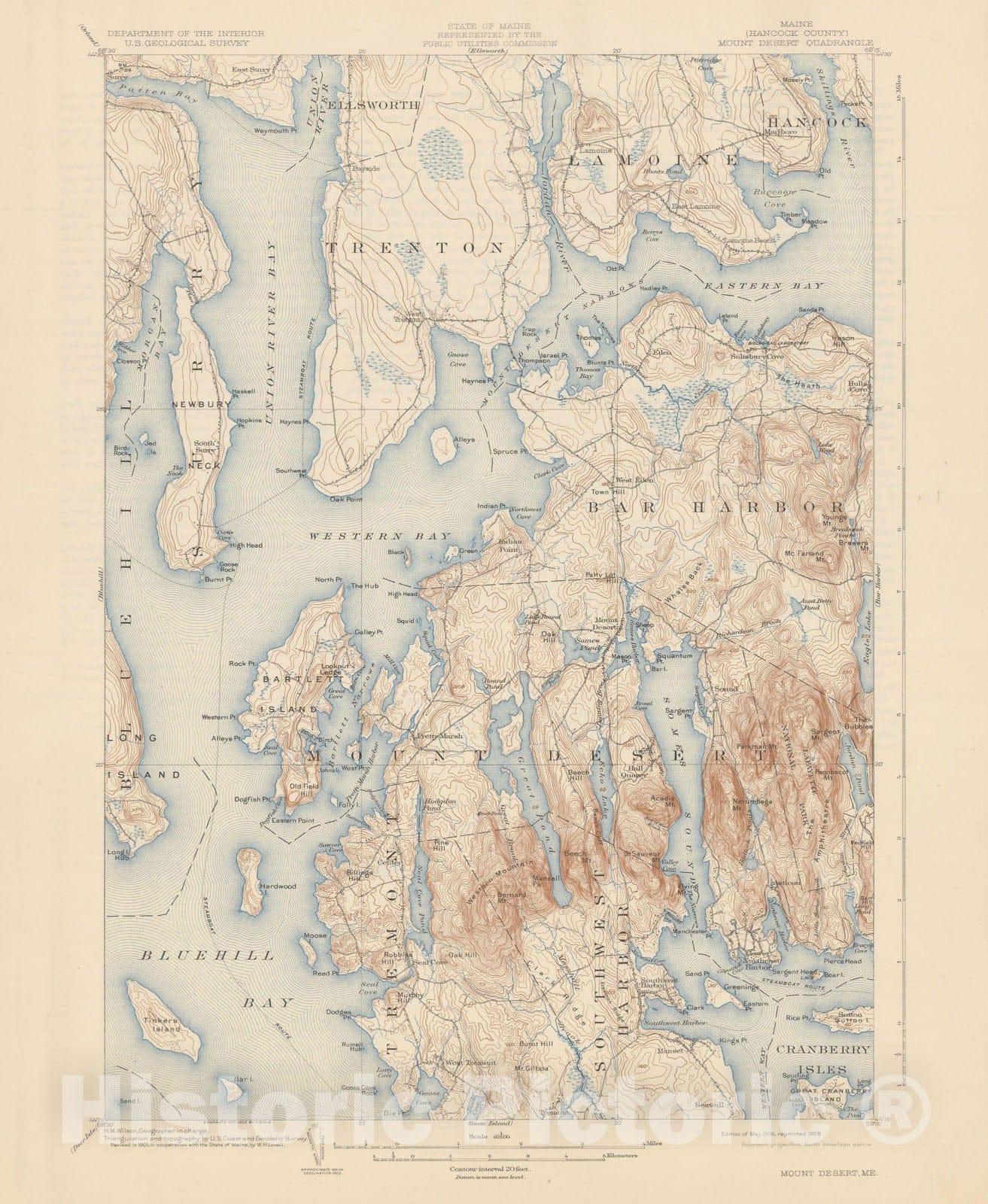 Historic Map : Bar Harbor & Mount Desert Island 1928 Topographic Map , Vintage Wall Art