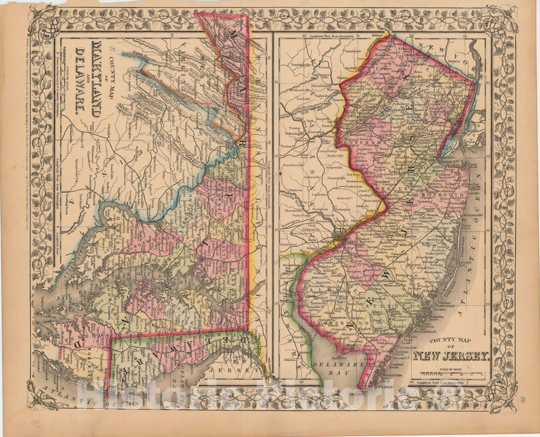 Historic Map : Delaware & Maryland & New Jersey 1867 , New General Atlas , Vintage Wall Art