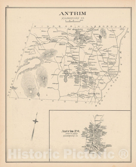 Historic Map : Antrim 1892 , Town and City Atlas State of New Hampshire , Vintage Wall Art