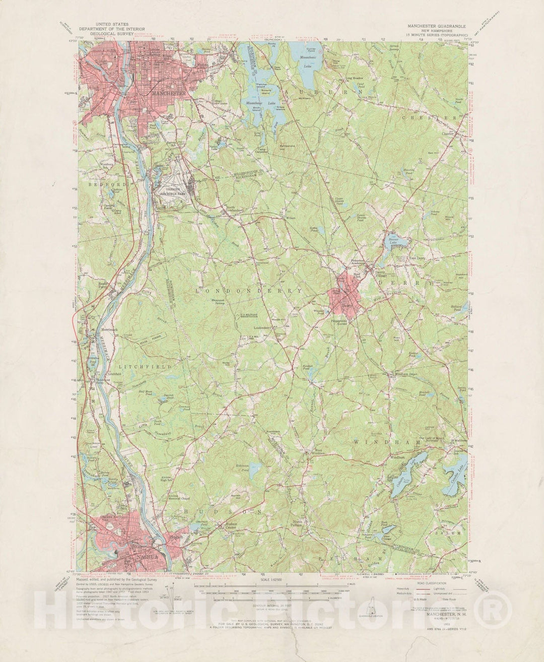 Historic Map : USGS 7.5 Minute Sheets and Quadrangles, Derry & Hudson & Londonderry & Manchester & Nashua 1953 Topographic Map , Vintage Wall Art