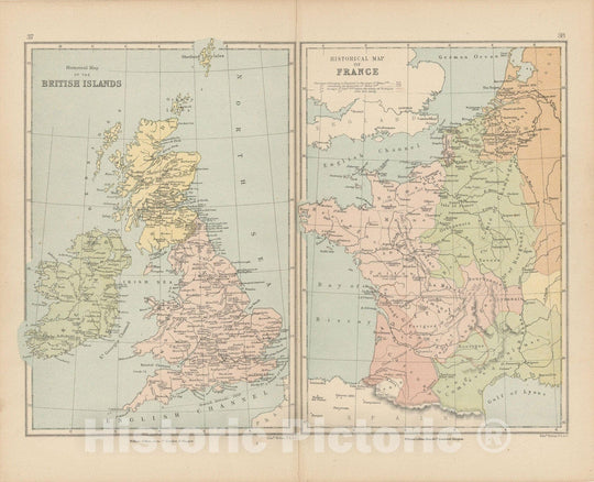 Historic Map : France & England & Wales & Scotland & Ireland 1875 , Student Atlas of Modern Geography , Vintage Wall Art