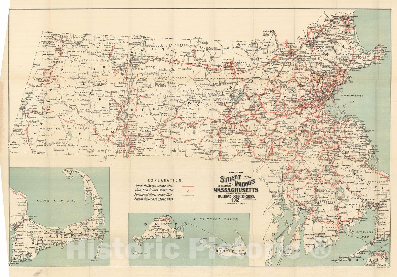 Historic Map : Massachusetts Street Railways 1912 Transit , Vintage Wall Art