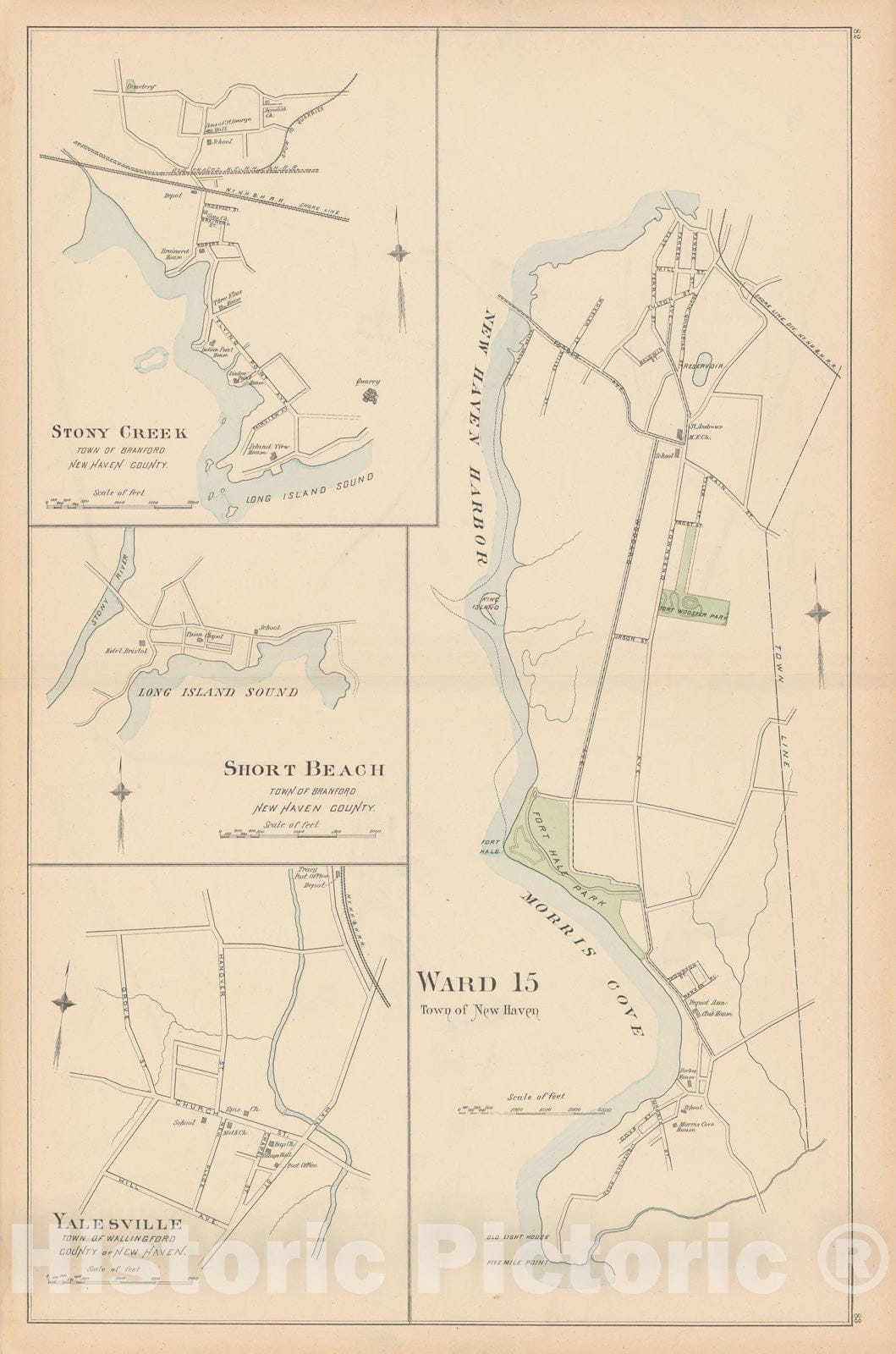 Historic Map : Branford & New Haven & Wallingford 1893 , Town and City Atlas State of Connecticut , Vintage Wall Art