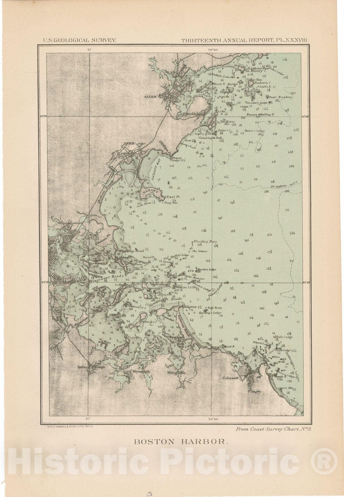 Historic Map : Boston Harbor 1893 Topographic Map , 13th Annual Report of the US Geological Survey , Vintage Wall Art