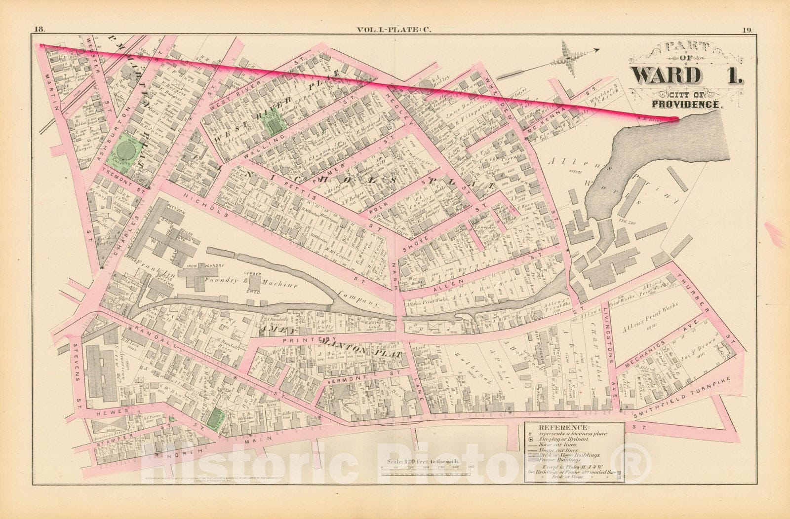 Historic Map : City Atlas of Providence Rhode Island by Wards, Volume I, Providence 1875 Plate C , Vintage Wall Art