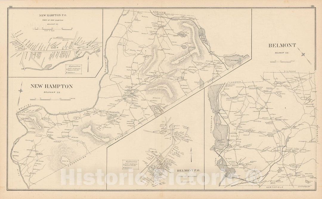 Historic Map : Belmont & New Hampton 1892 , Town and City Atlas State of New Hampshire , Vintage Wall Art