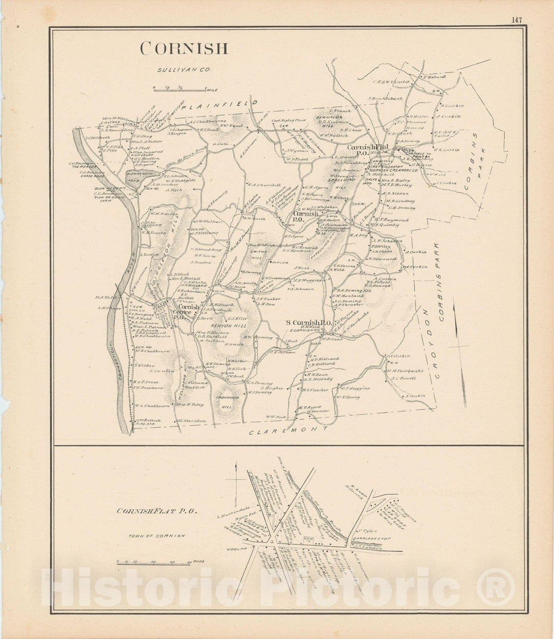 Historic Map : Cornish 1892 , Town and City Atlas State of New Hampshire , Vintage Wall Art