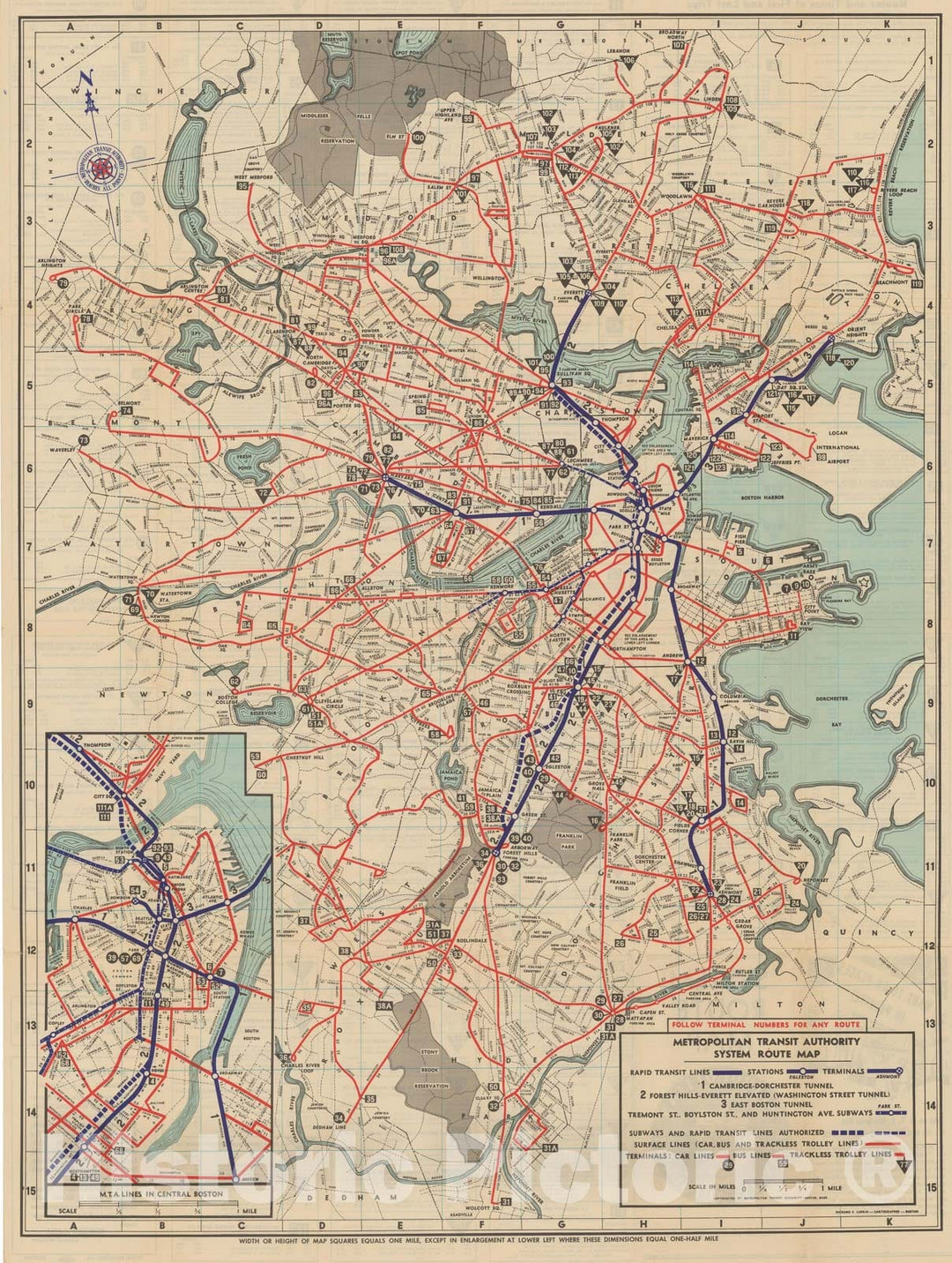 Historic Map : Greater Boston Transit Maps, Boston MTA System Route Map 3rd Ed. 1952 Railroad Catography , Vintage Wall Art