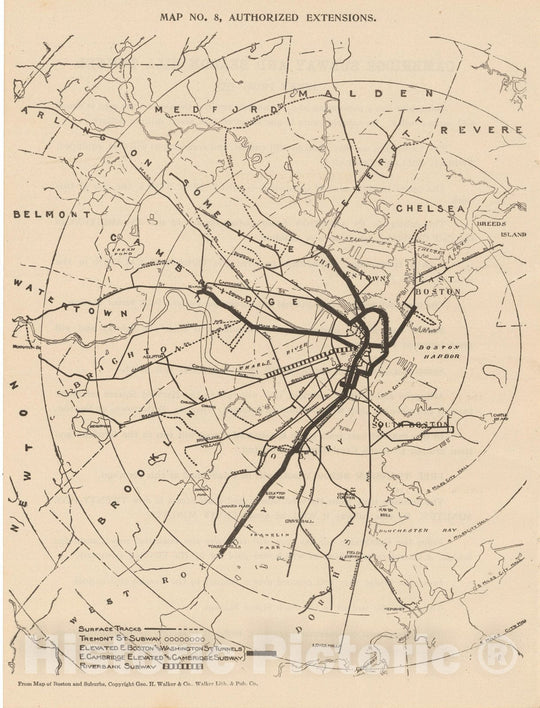 Historic Map : Boston Elevated Railway Co. Informational Maps, Map 8: Authorized Line Extensions 1910 Transit Railroad Catography , Vintage Wall Art