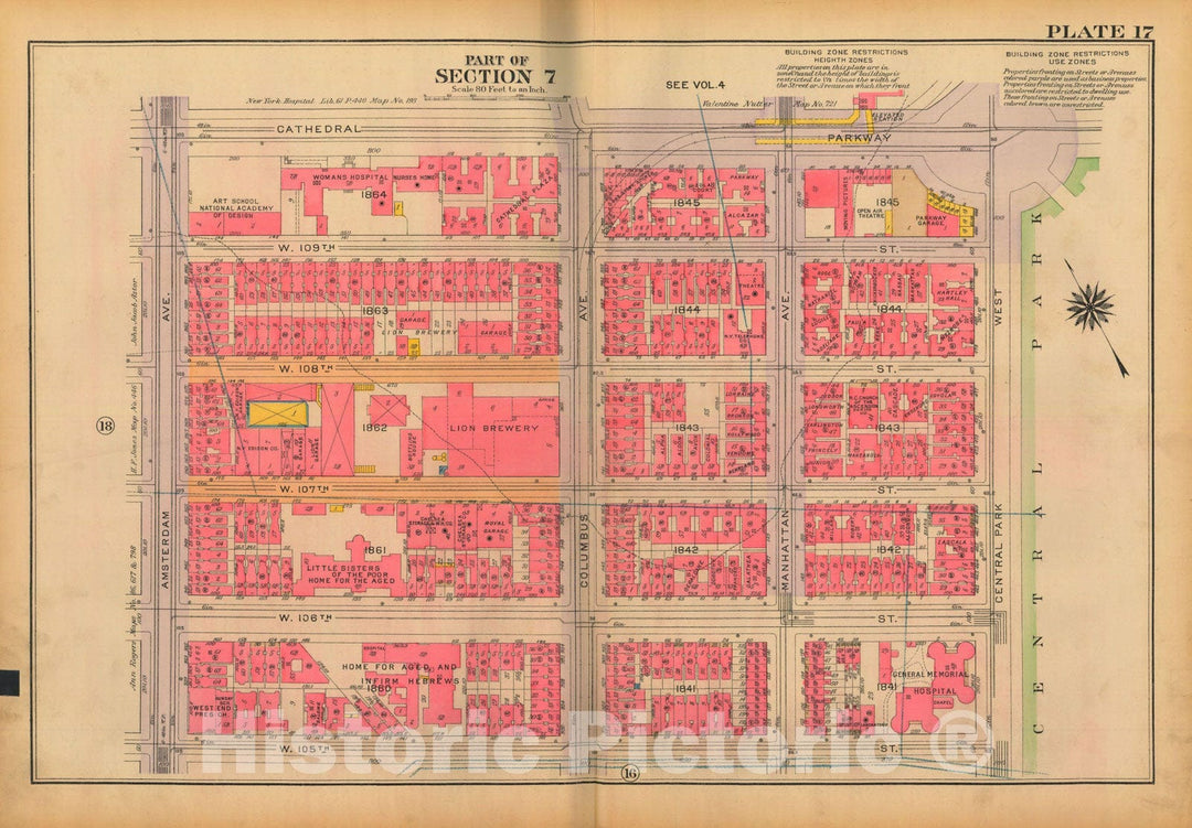 Historic Map : Atlas City of New York, Borough of Manhattan, Volume 3, 59th St to 110th St, Manhattan 1921 Plate 017 , Vintage Wall Art