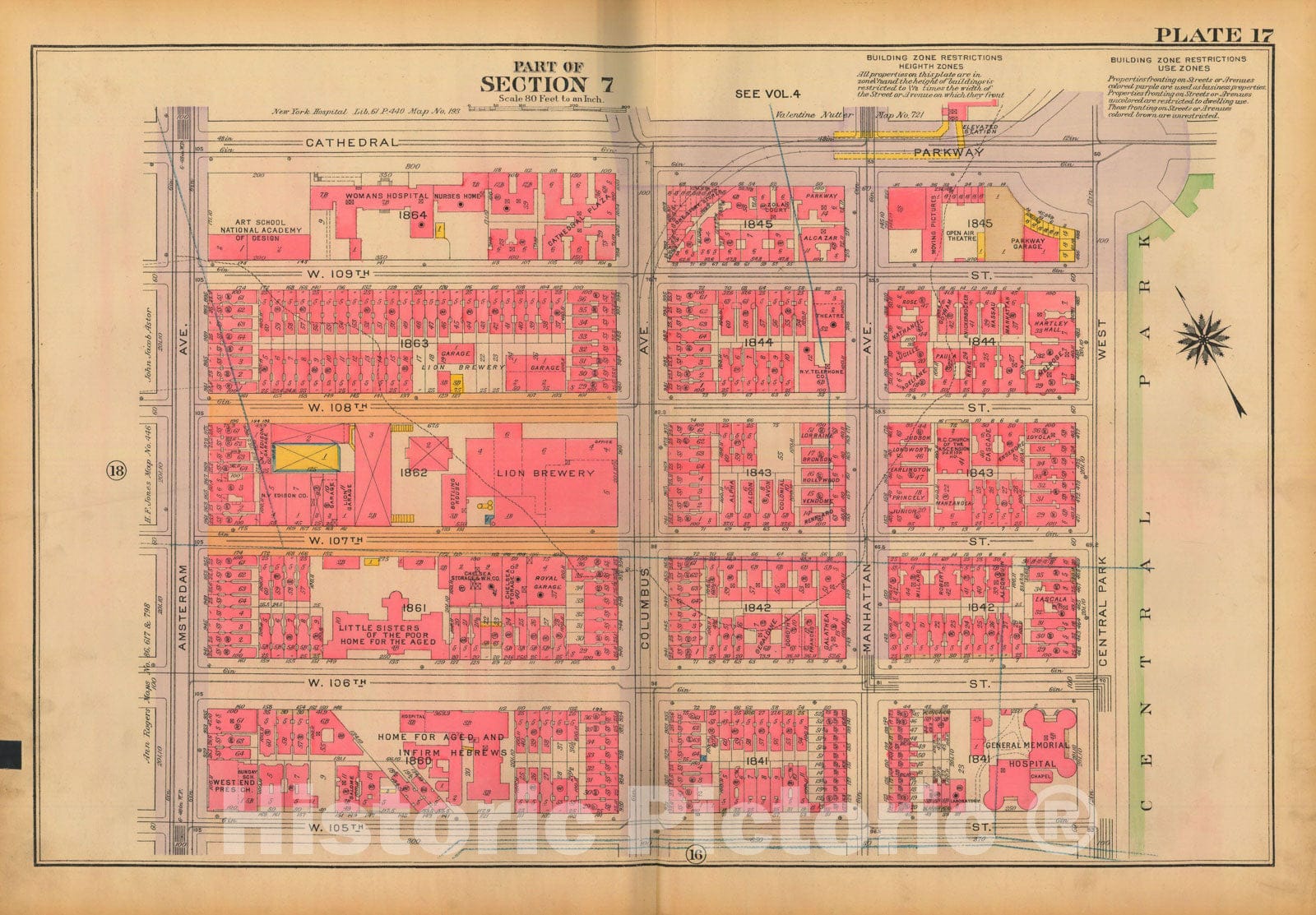 Historic Map : Atlas City of New York, Borough of Manhattan, Volume 3, 59th St to 110th St, Manhattan 1921 Plate 017 , Vintage Wall Art