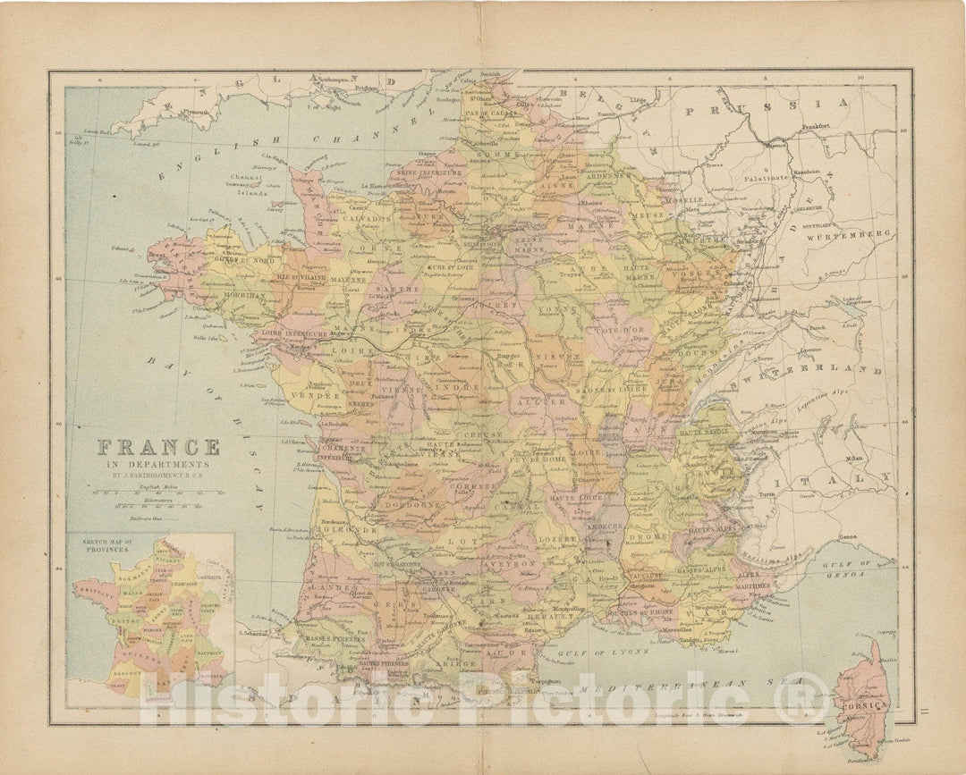 Historic Map : France 1875 , Student Atlas of Modern Geography , Vintage Wall Art