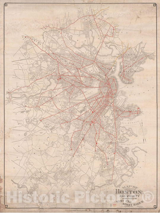 Historic Map : Greater Boston Transit Maps, Tracks of the West End Street Railway Co. 1891 Railroad Catography , Vintage Wall Art