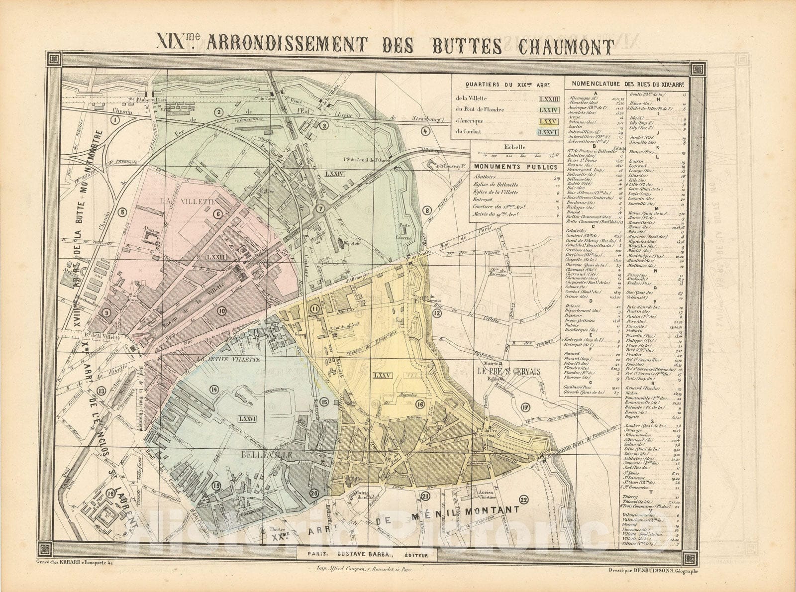 Historic Map : Europe, Paris 1860 19th Arrondissement , Vintage Wall Art