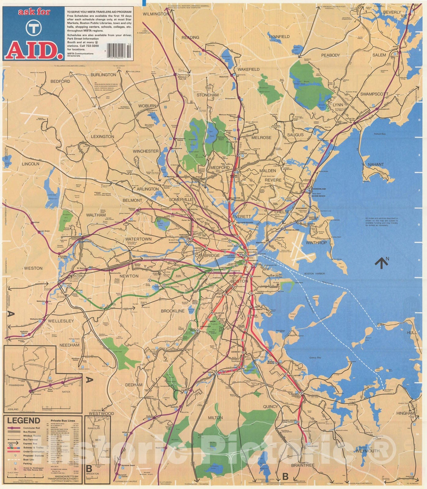 Historic Map : Greater Boston Transit Maps, MBTA System Route Map 1982 Railroad Catography , Vintage Wall Art