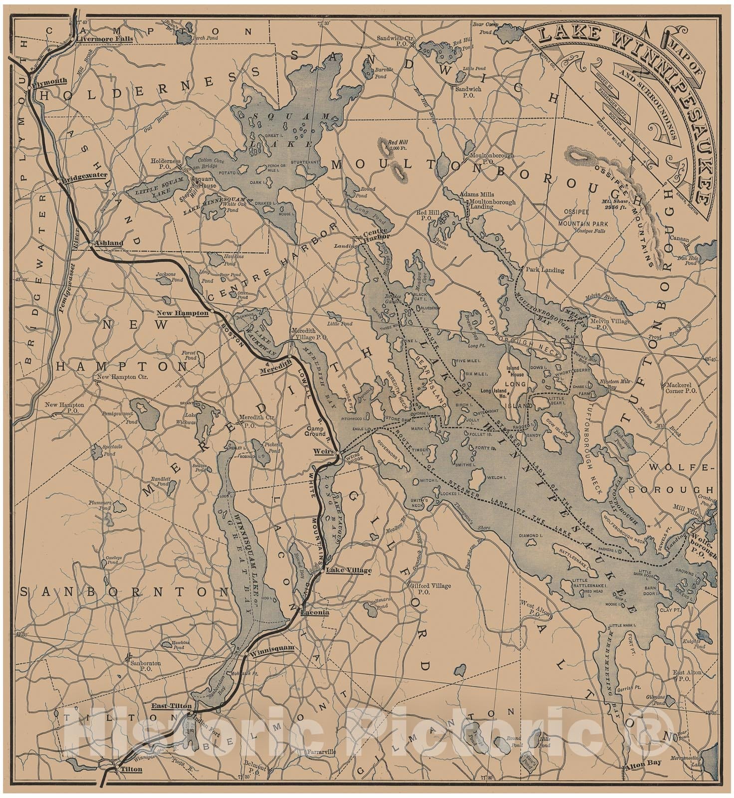 Historic Map : Boston & Lowell Railroad Maps, Lake Winnipesaukee & Surroundings 1886 Transit Cartography , Vintage Wall Art