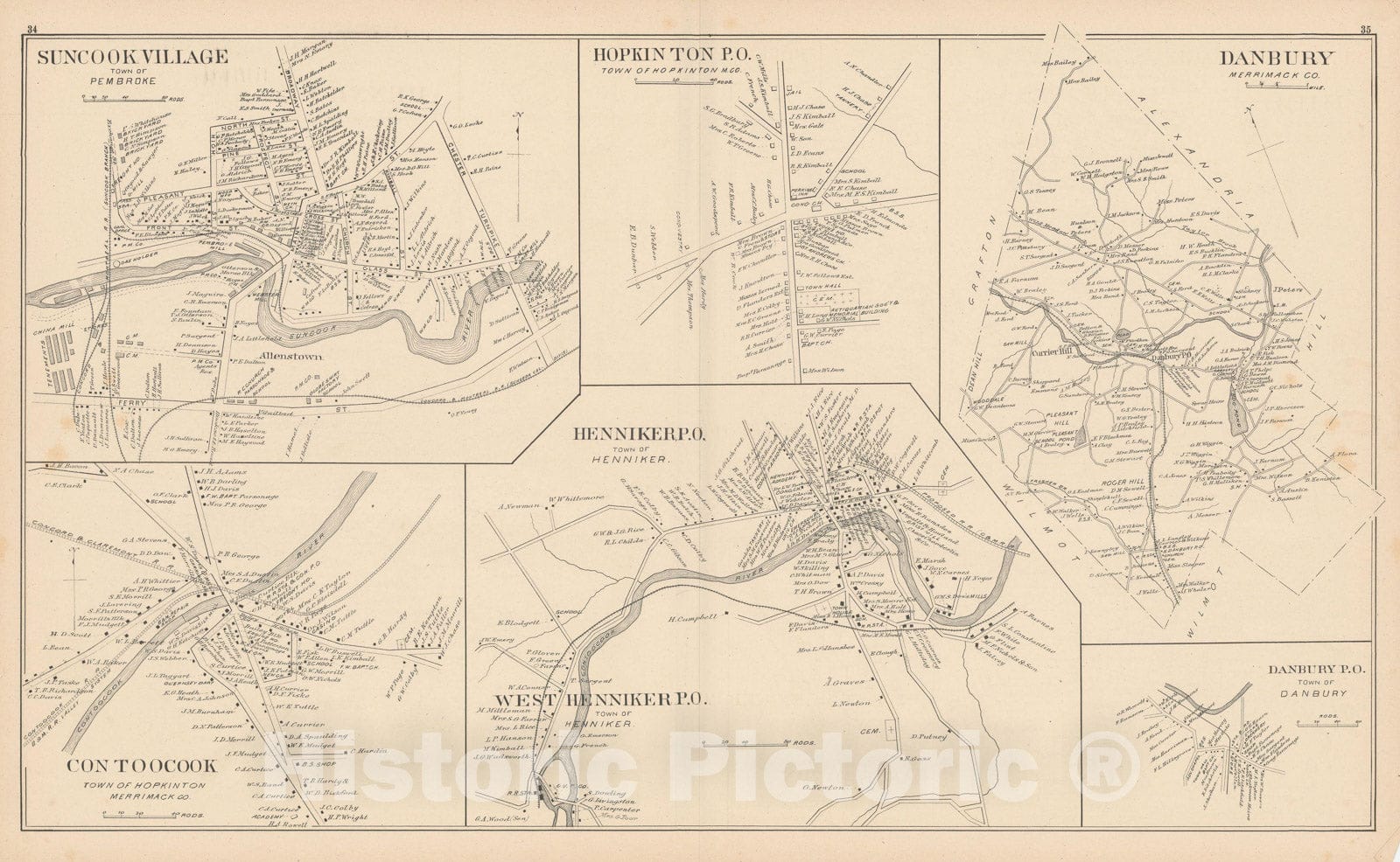 Historic Map : Danbury & Henniker & Hopkinton & Pembroke 1892 , Town and City Atlas State of New Hampshire , Vintage Wall Art