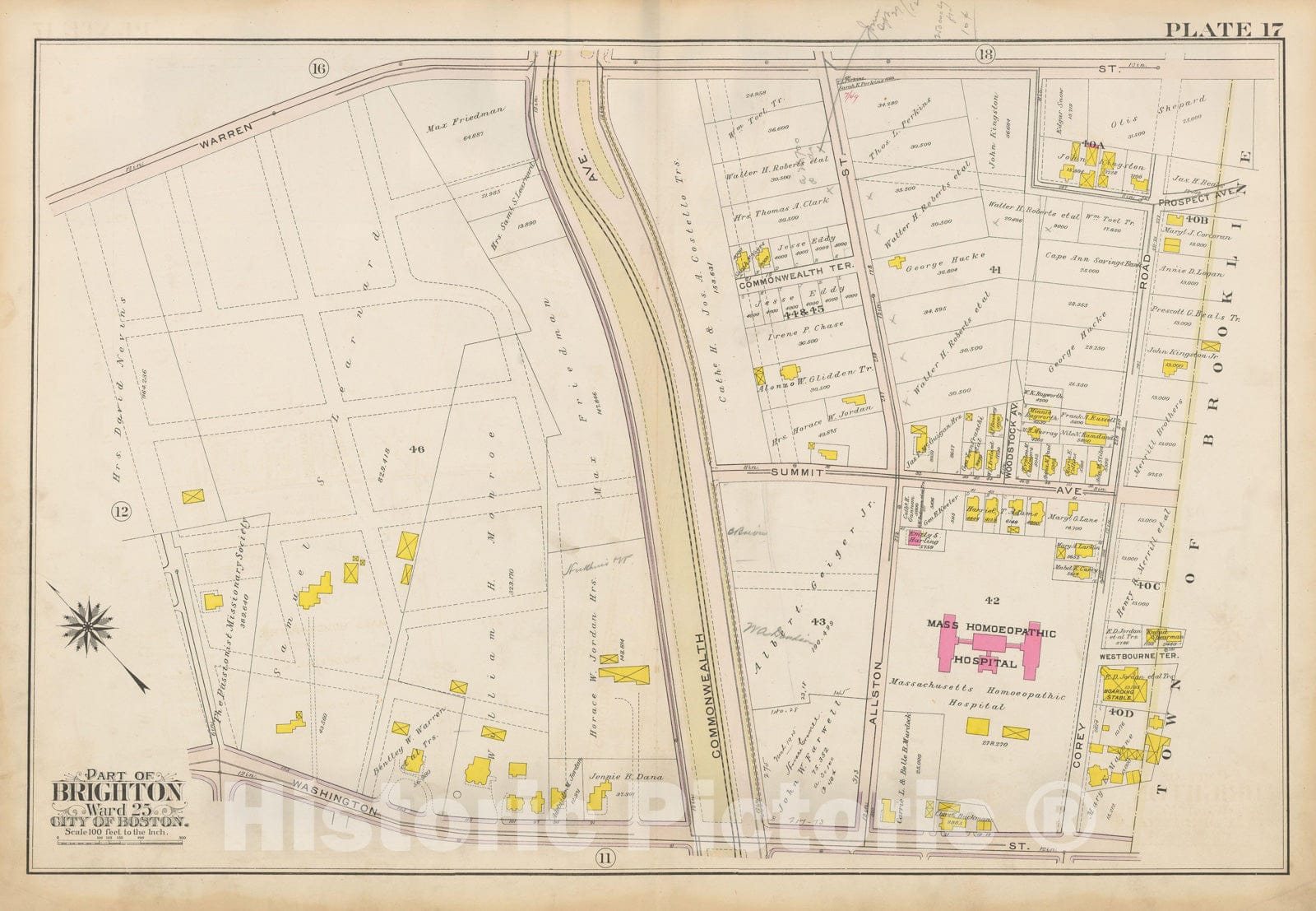 Historic Map : Atlas City of Boston Ward 25 Brighton, Brighton 1909 Plate 017 , Vintage Wall Art