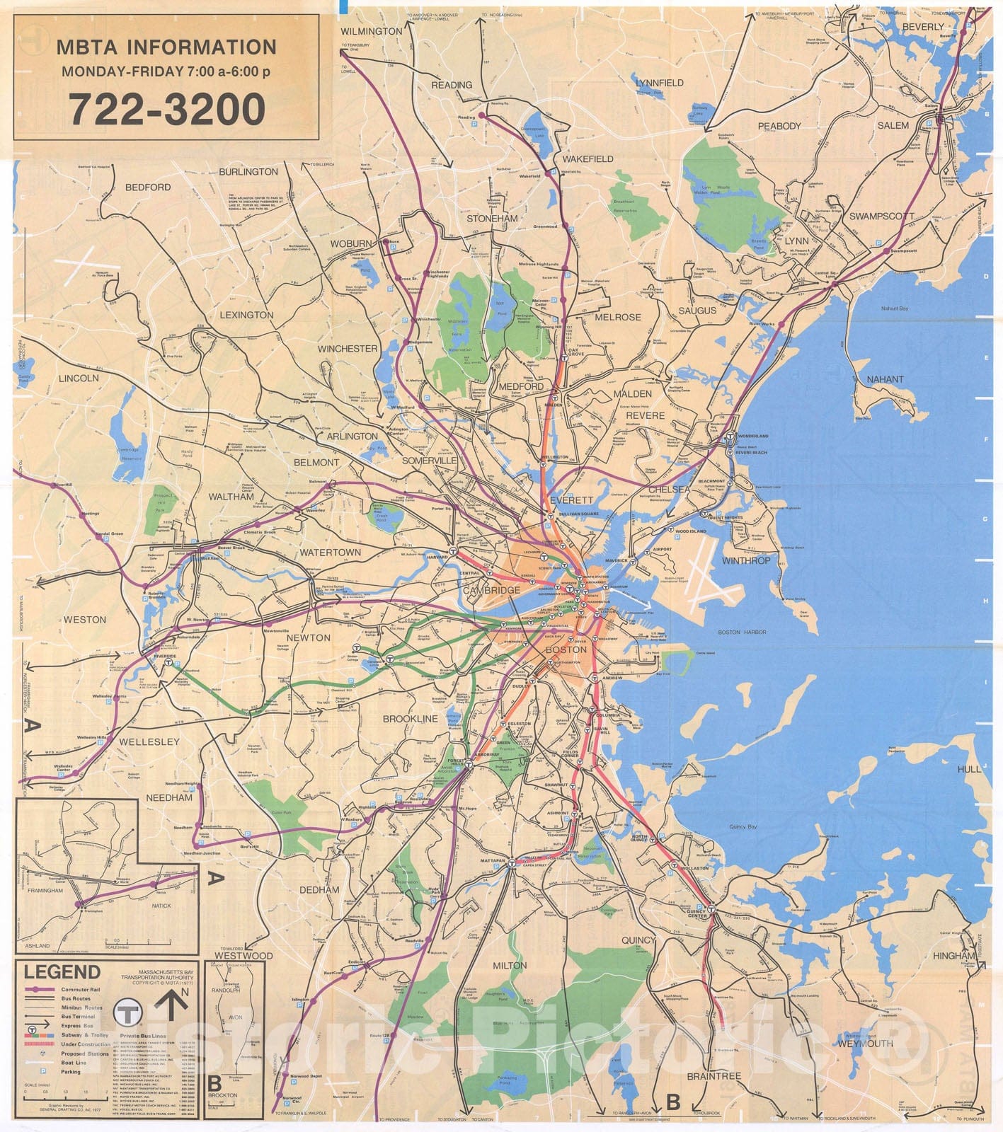 Historic Map : Greater Boston Transit Maps, MBTA System Map 1977 Railroad Catography , v2, Vintage Wall Art