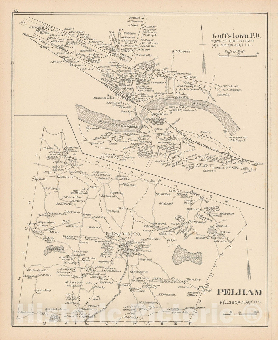 Historic Map : Goffstown & Pelham 1892 , Town and City Atlas State of New Hampshire , Vintage Wall Art