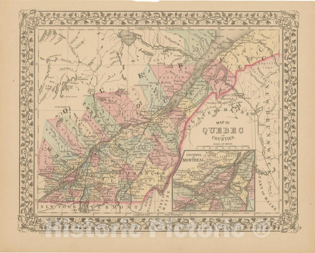 Historic Map : Quebec 1882 , Mitchell's New General Atlas , Vintage Wall Art