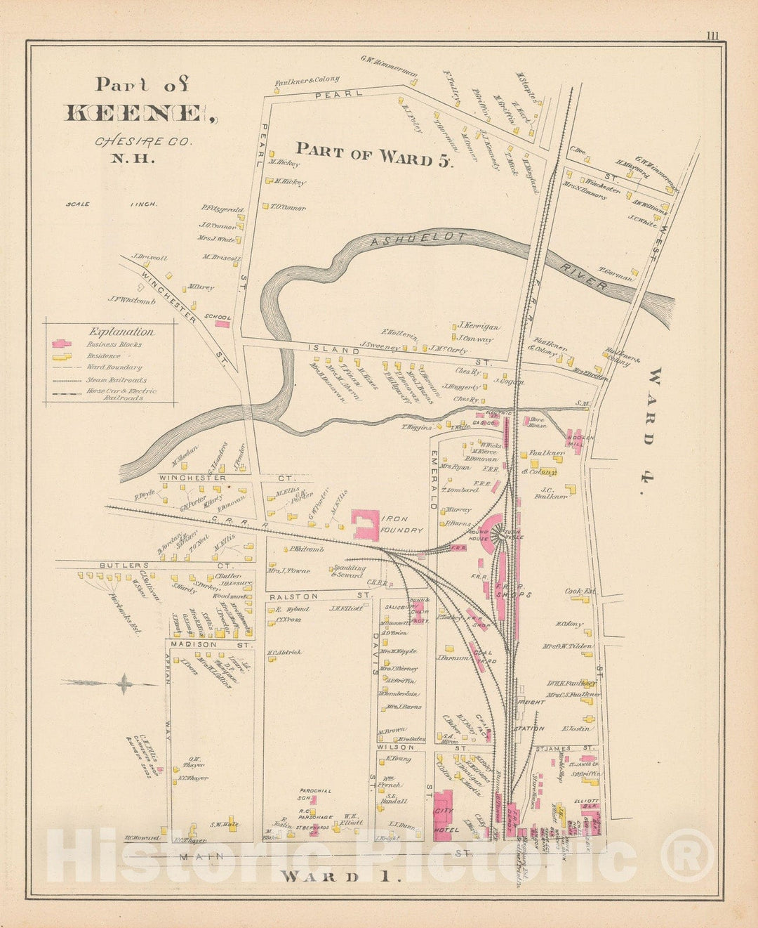 Historic Map : Keene 1892 , Town and City Atlas State of New Hampshire , v5, Vintage Wall Art