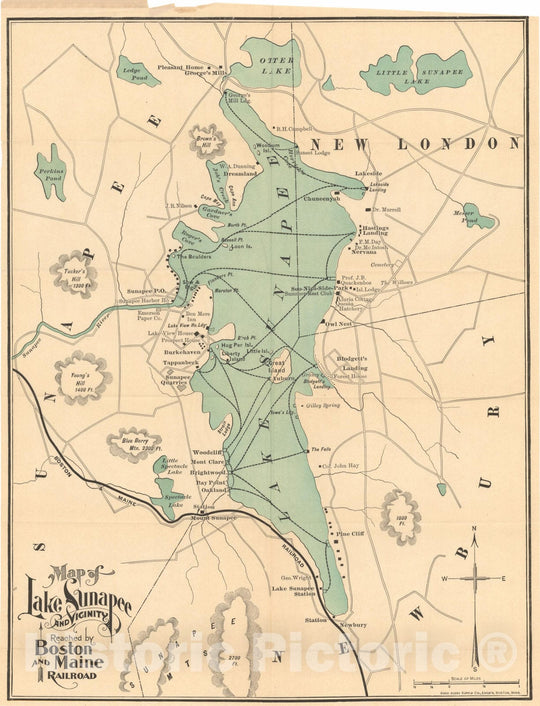 Historic Map : Boston & Maine Railroad Maps, Lake Sunapee 1901 Transit Railroad Catography , Vintage Wall Art