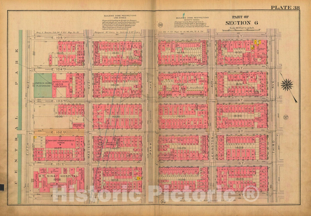 Historic Map : Atlas City of New York, Borough of Manhattan, Volume 3, 59th St to 110th St, Manhattan 1921 Plate 038 , Vintage Wall Art