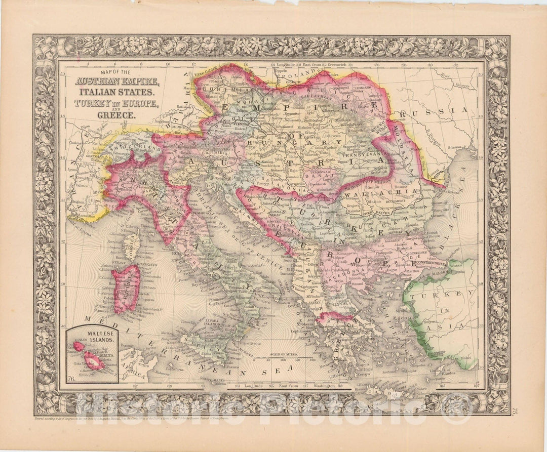 Historic Map : Austria & Turkey in Europe & Greece 1864 , New General (World) Atlas , Vintage Wall Art